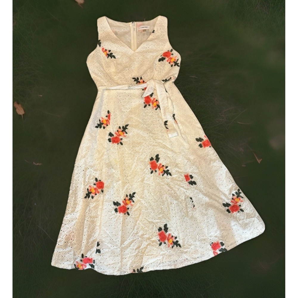 CALVIN KLEIN Floral dress Embroidered V-Neck Belted Tie Waist Sz‎ 6P Womens